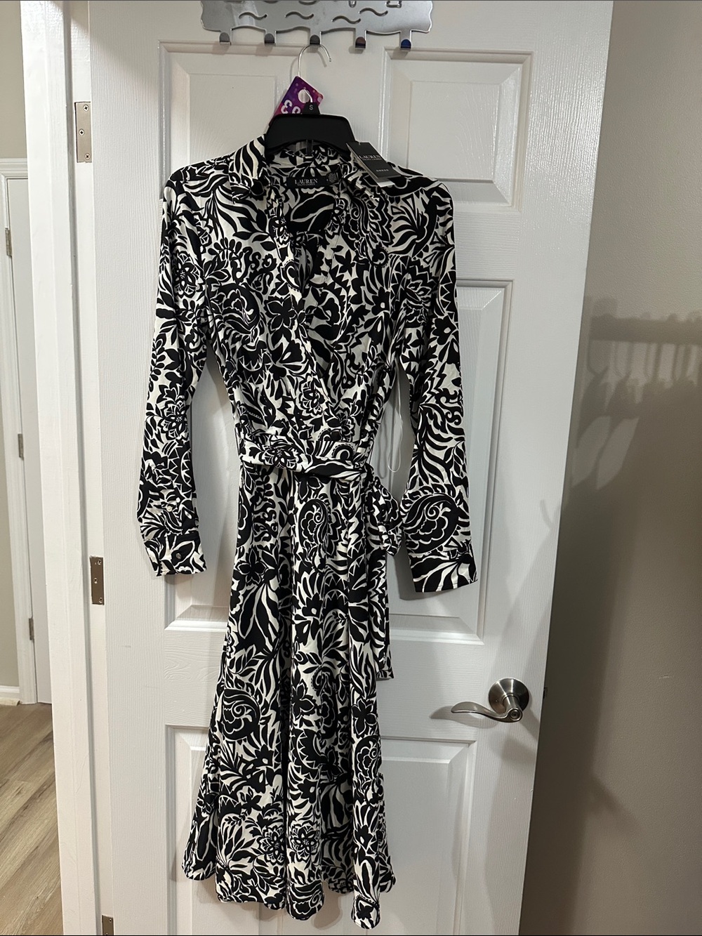 Ralph Lauren Black & White Floral-Print Long Sleeve Wrap Dress